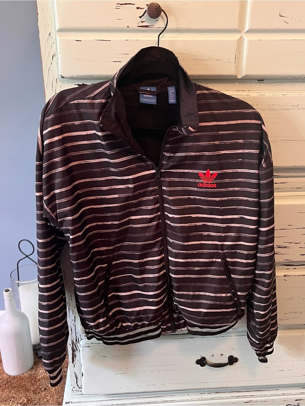 adidas originals Black windbreaker with White Stripes and Red Logo. Women’s M.